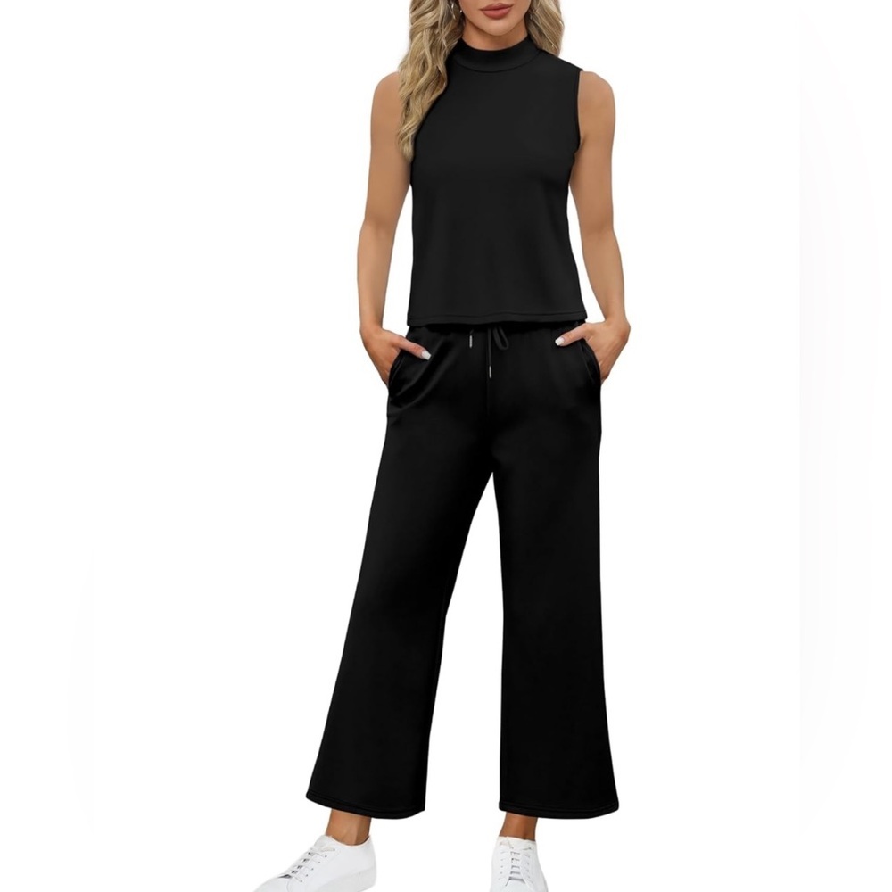 Black Two Piece Lounge Set Women’s Medium Sleeveless Tank Shirt and Pants - Picture 2 of 15